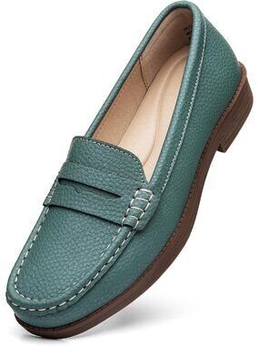 Women's Green Leather Penny Loafers Slip On Flats Comfortable Walking Shoes